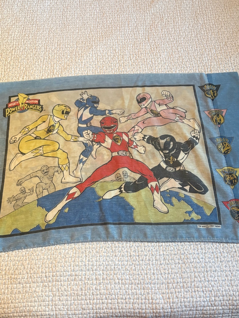 Power Ranger Pillowcase with Red, Blue, Yellow, Pink, Black Accents